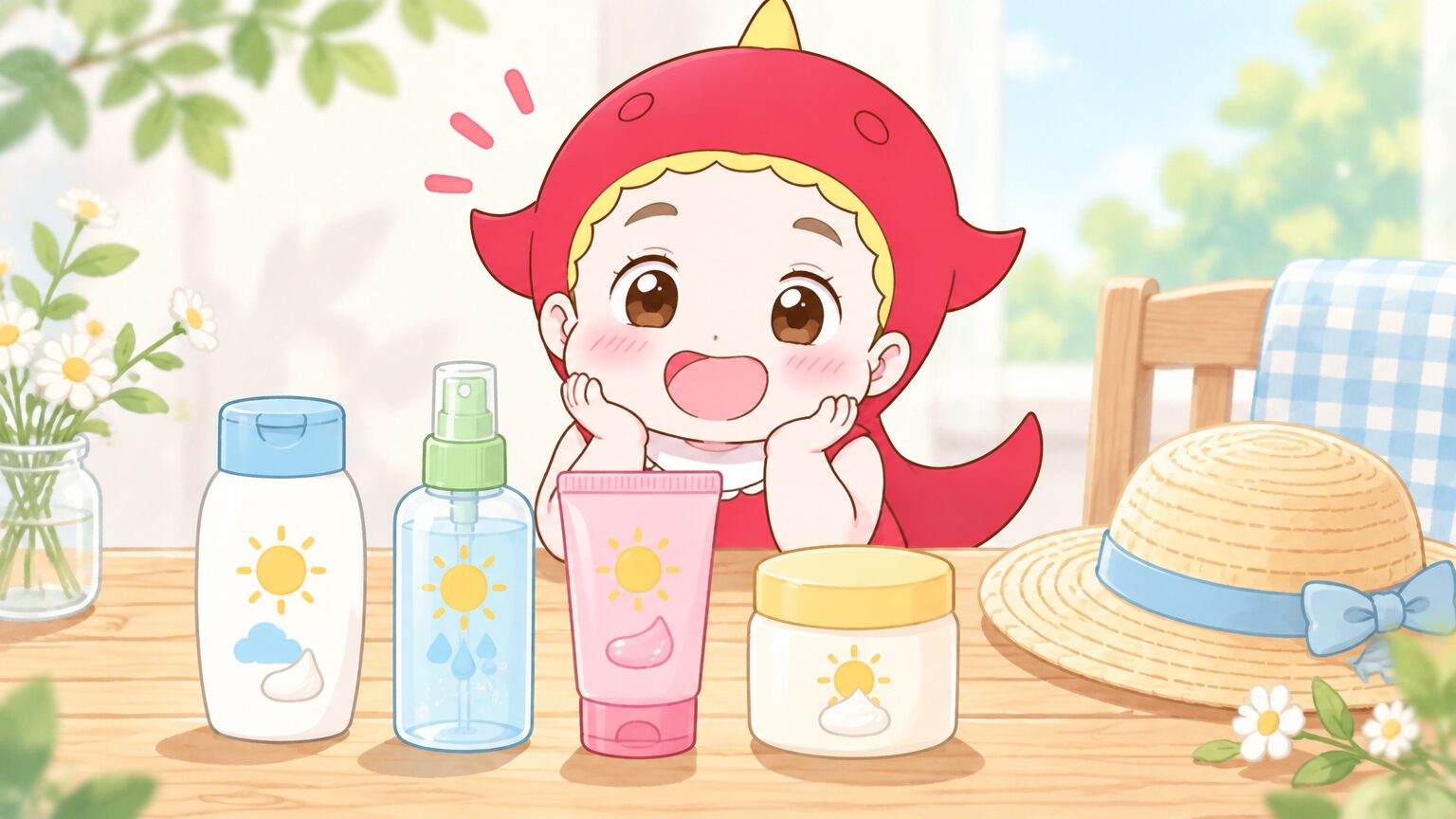 木のテーブルの上に並べたミルク、ジェル、ミスト、クリームの4種類の子ども用日焼け止めと、小さな麦わら帽子