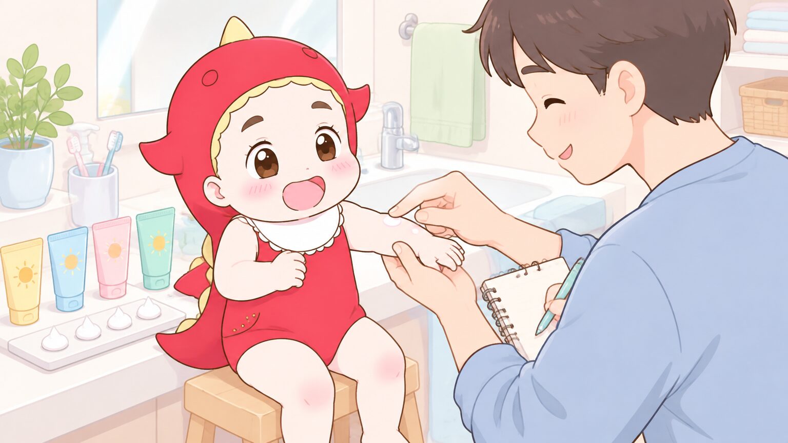 洗面所で2歳の子の腕に日焼け止めを少量ずつ試し塗りし、小さなメモ帳に記録しているパパの手元