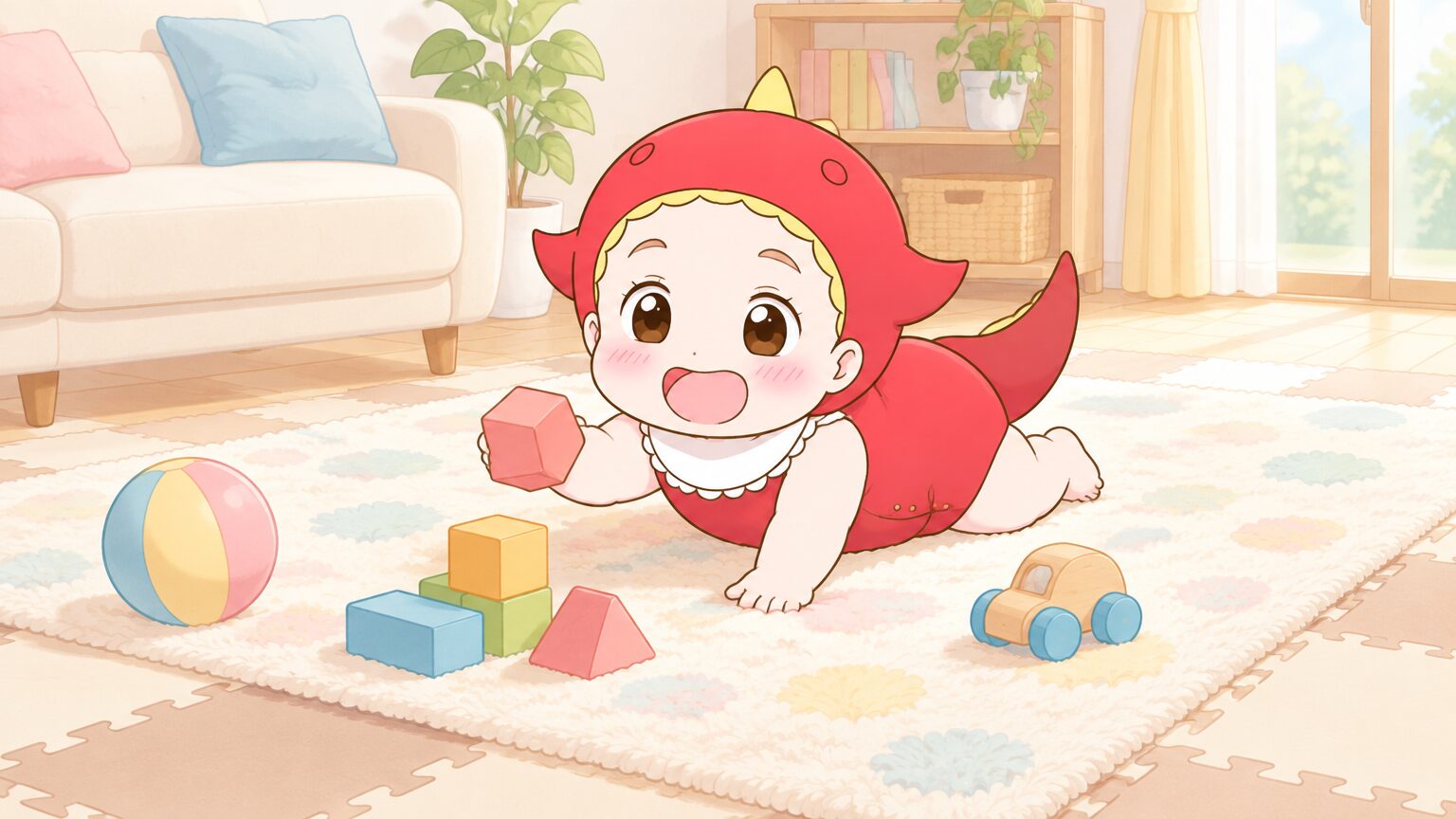 明るいリビングの床にジョイントマットを敷き、その上に洗えるラグを重ねて、赤ちゃんがおもちゃで遊んでいる様子