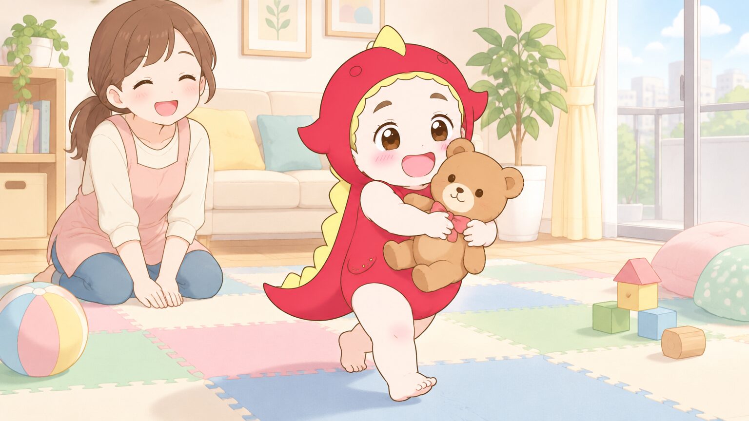 マンションの一室で、幼児が厚手のマットの上をお気に入りのぬいぐるみを抱えて歩き、見守る母親が笑っている様子