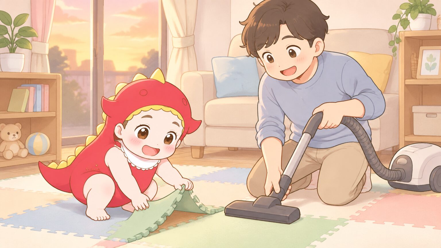 夕方の室内で、父親が子どもと一緒にジョイントマットの端を点検しながら掃除機をかけている様子