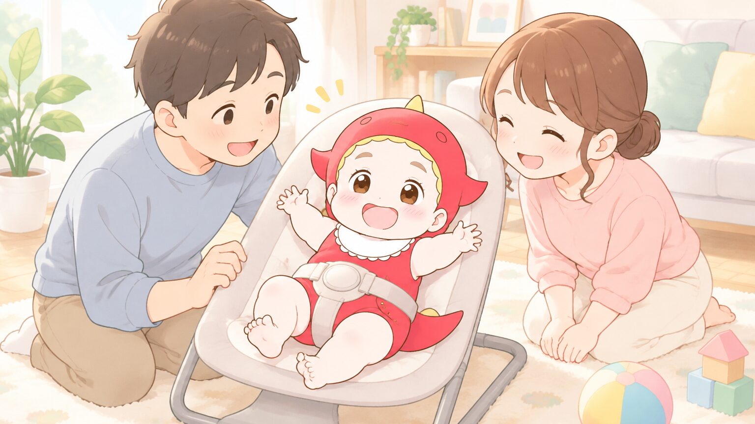 明るいリビングの床に置かれたバウンサーで、にっこり笑う生後3か月ほどの赤ちゃんと、横でのぞき込むパパとママ