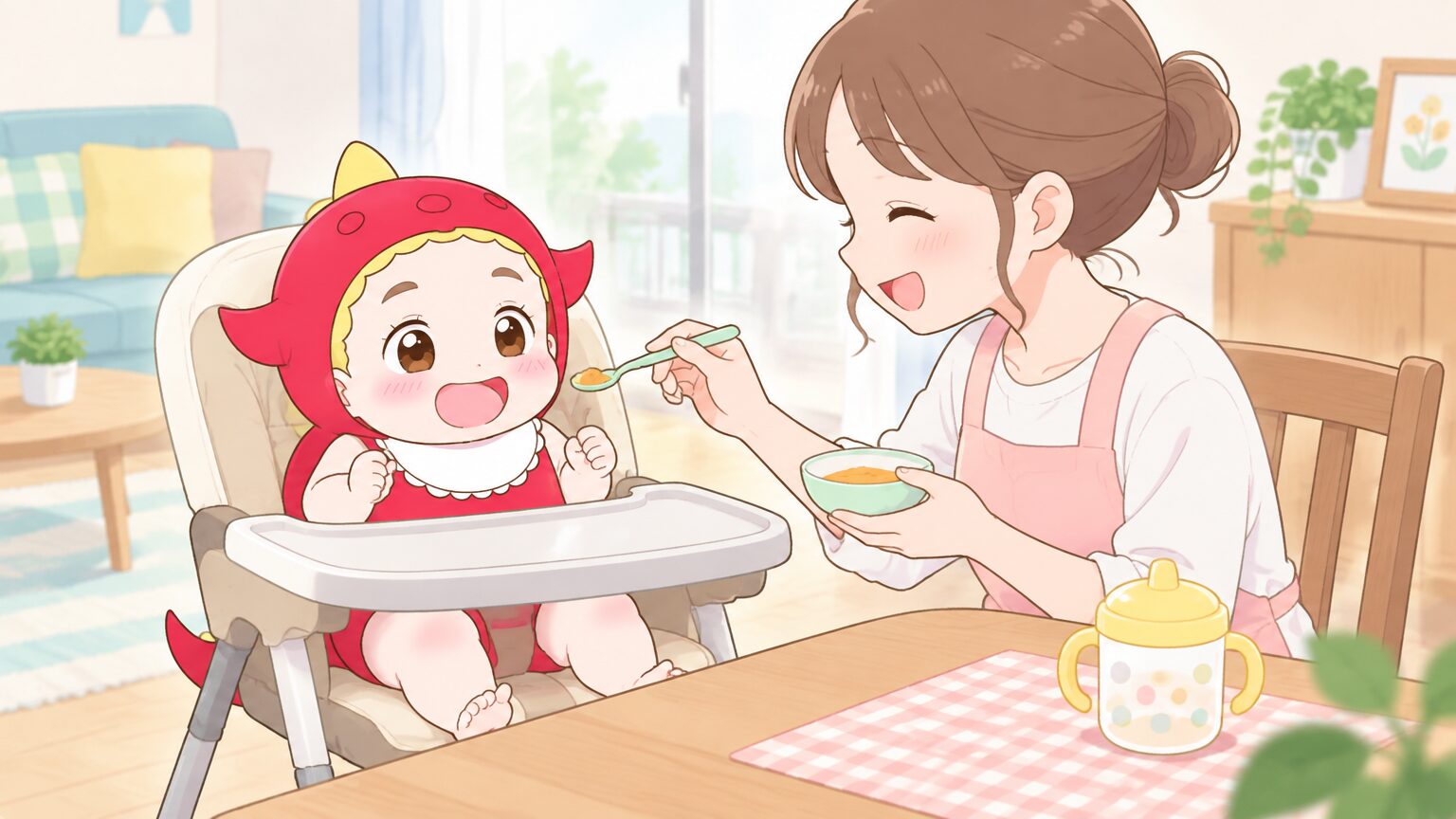 リビングのダイニングテーブルのそばで、ハイローチェアに座る生後7か月ごろの赤ちゃんと、離乳食をスプーンで運ぶママ
