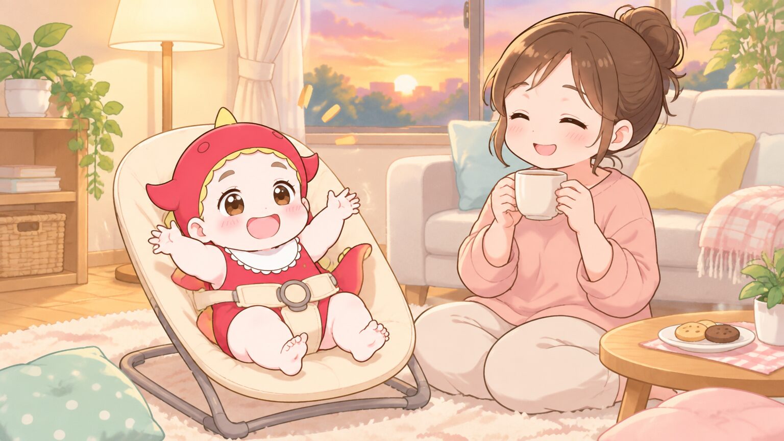 夕方のリビングで、バウンサーに乗った赤ちゃんの横に座り、ゆっくりお茶を飲んでくつろぐママの穏やかな様子