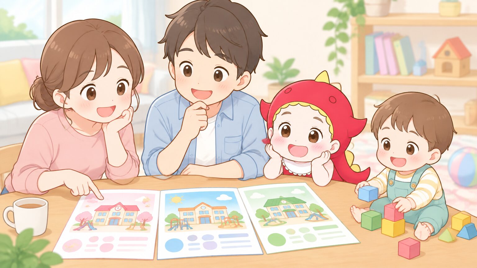 机の上に幼稚園・保育園・認定こども園のパンフレットを広げ、笑顔で見比べる30代の夫婦と、そばで積み木で遊ぶ1歳の子ども