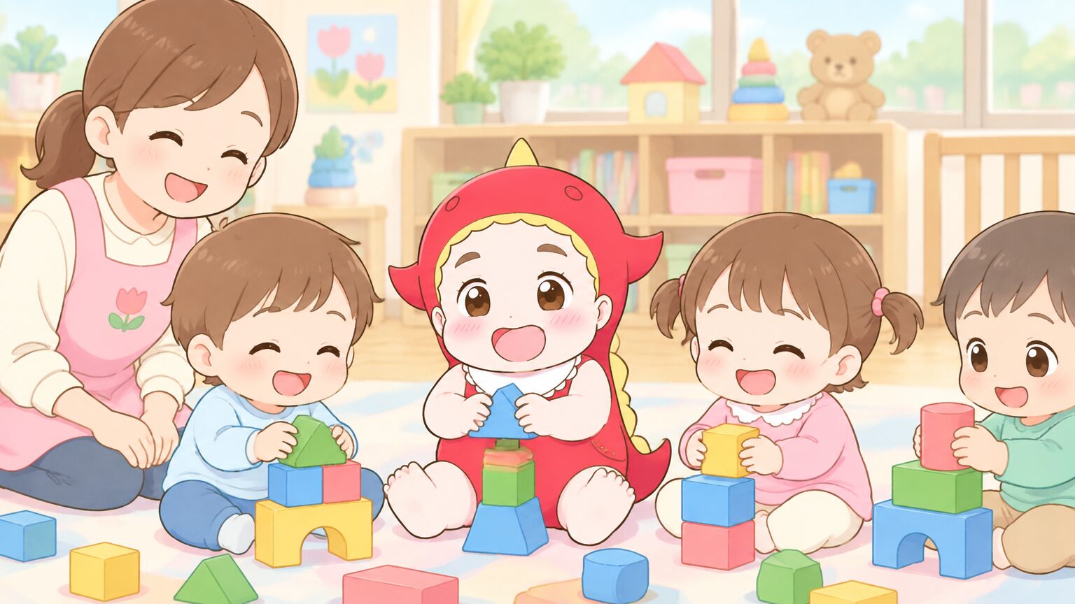 保育室で保育士に見守られながら、1歳の子どもが他の子と並んで積み木遊びをしている穏やかな午前の風景