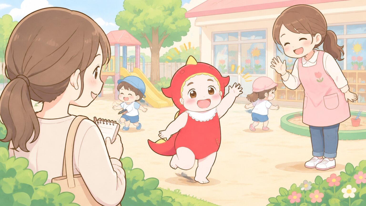園庭で先生に笑顔で手を振る2歳の子どもと、それを後ろから見守りながらメモを取る母親の見学風景