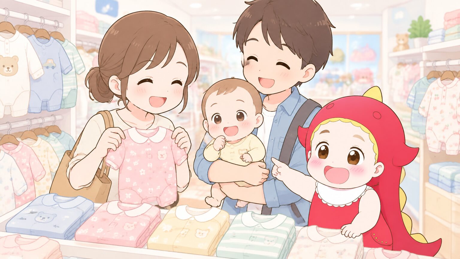 明るい店内でベビー服の棚を見比べながら笑顔で話し合う、0歳の赤ちゃんを抱っこした夫婦