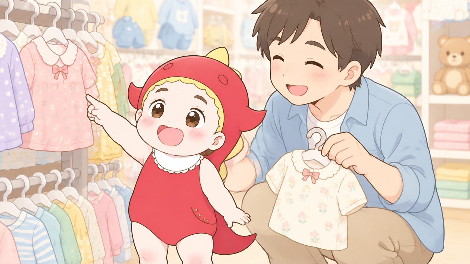 西松屋の店内で、2歳の女の子が小さなハンガーの服を指さし、父親が笑顔で一緒に選んでいる様子