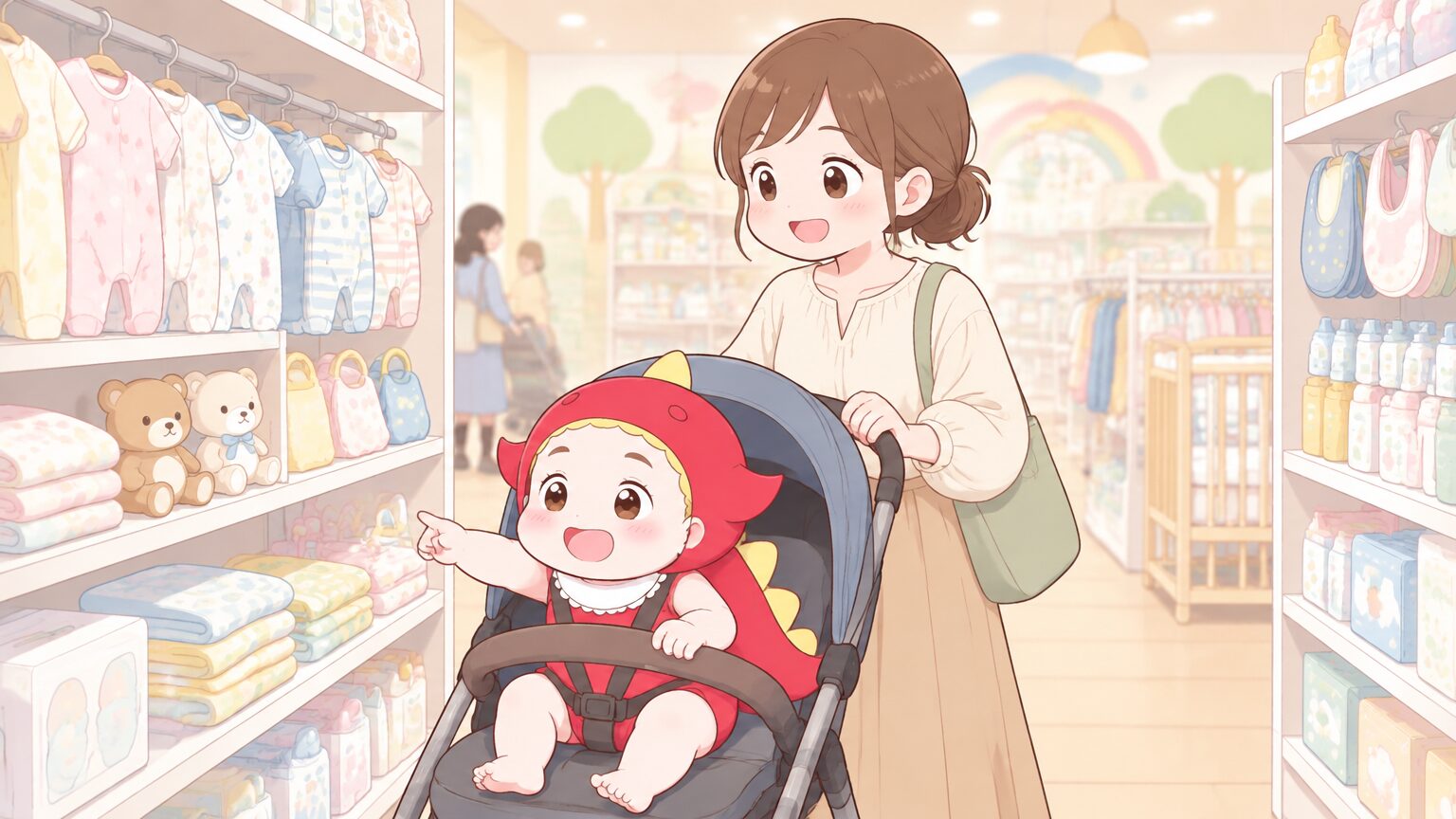大型ショッピングモールのベビー用品売り場で、ベビーカーを押しながら商品棚を見て回る30代の母親と赤ちゃん