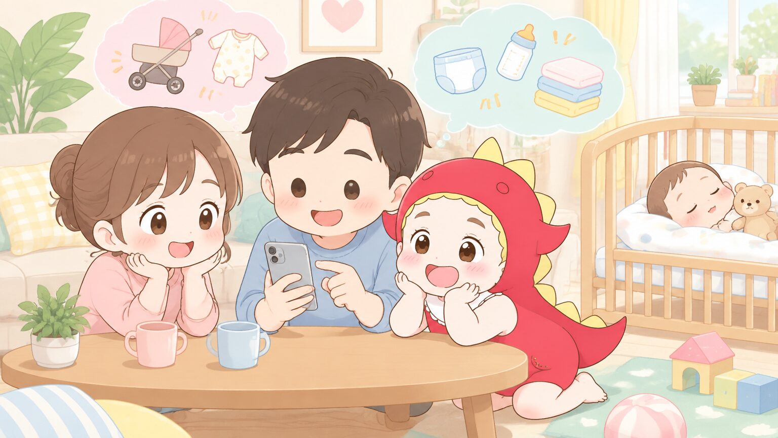 リビングでスマートフォンの公式アプリを見ながら、ベビー用品のネット注文を考えるパパとママ、ベビーベッドで眠る赤ちゃん