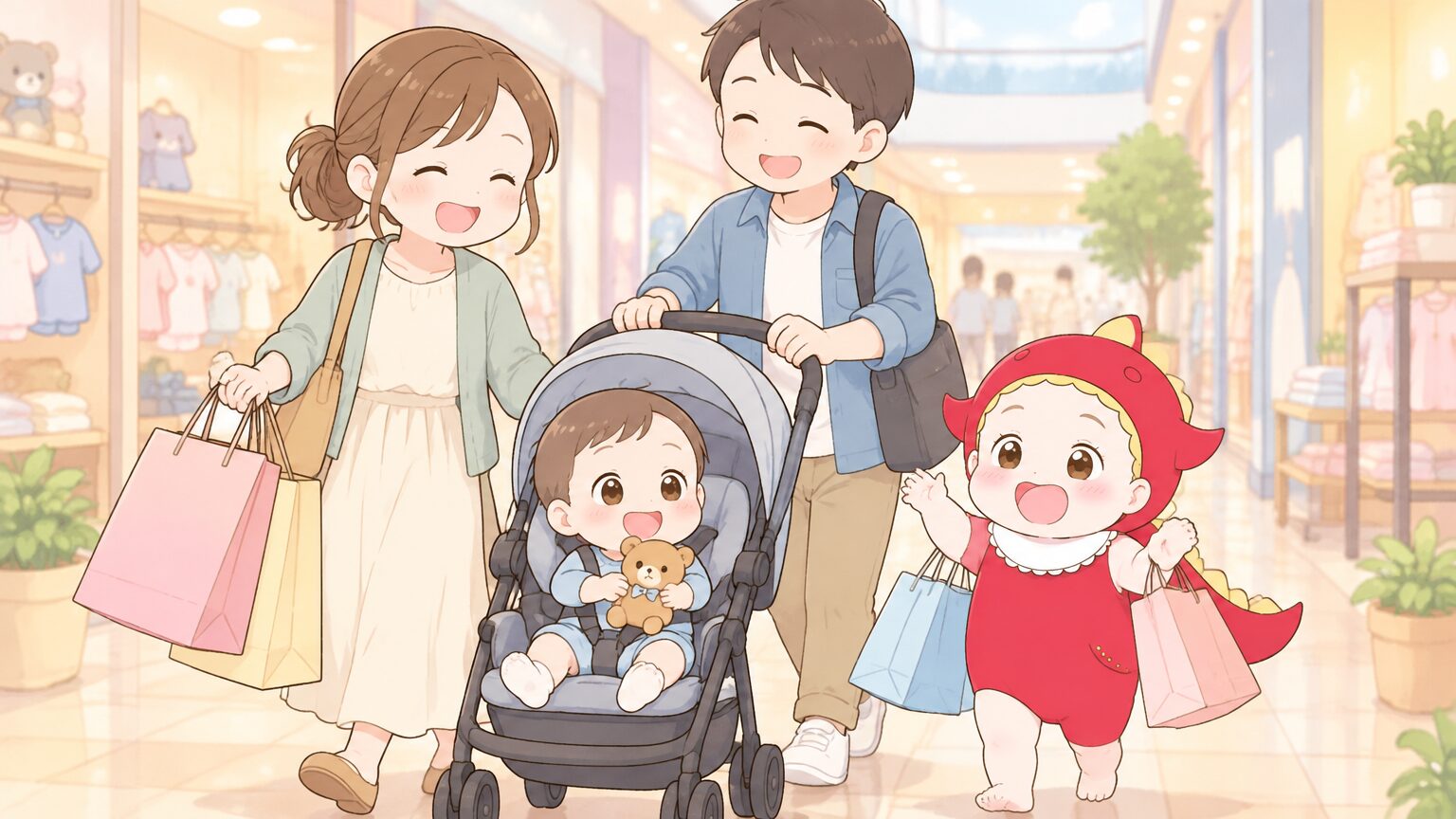 買い物袋を手に笑顔で歩く親子、ベビーカーに乗った赤ちゃんが小さなぬいぐるみを握っている午後のショッピングモール