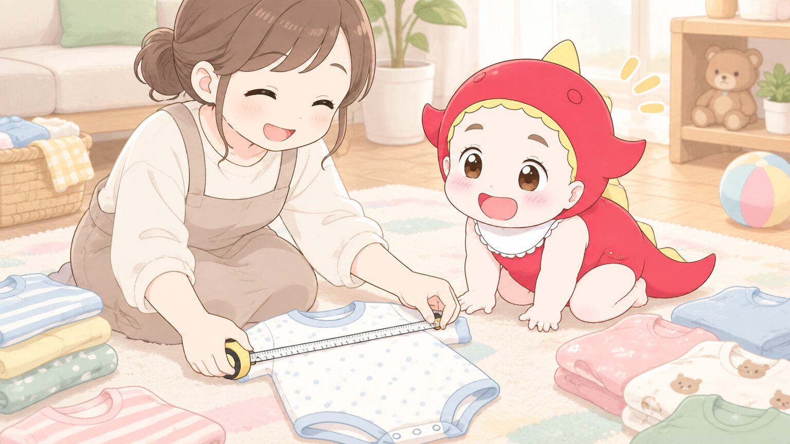 床に広げたベビー服の身幅をメジャーで測る母親の手元と、そばで笑う1歳児