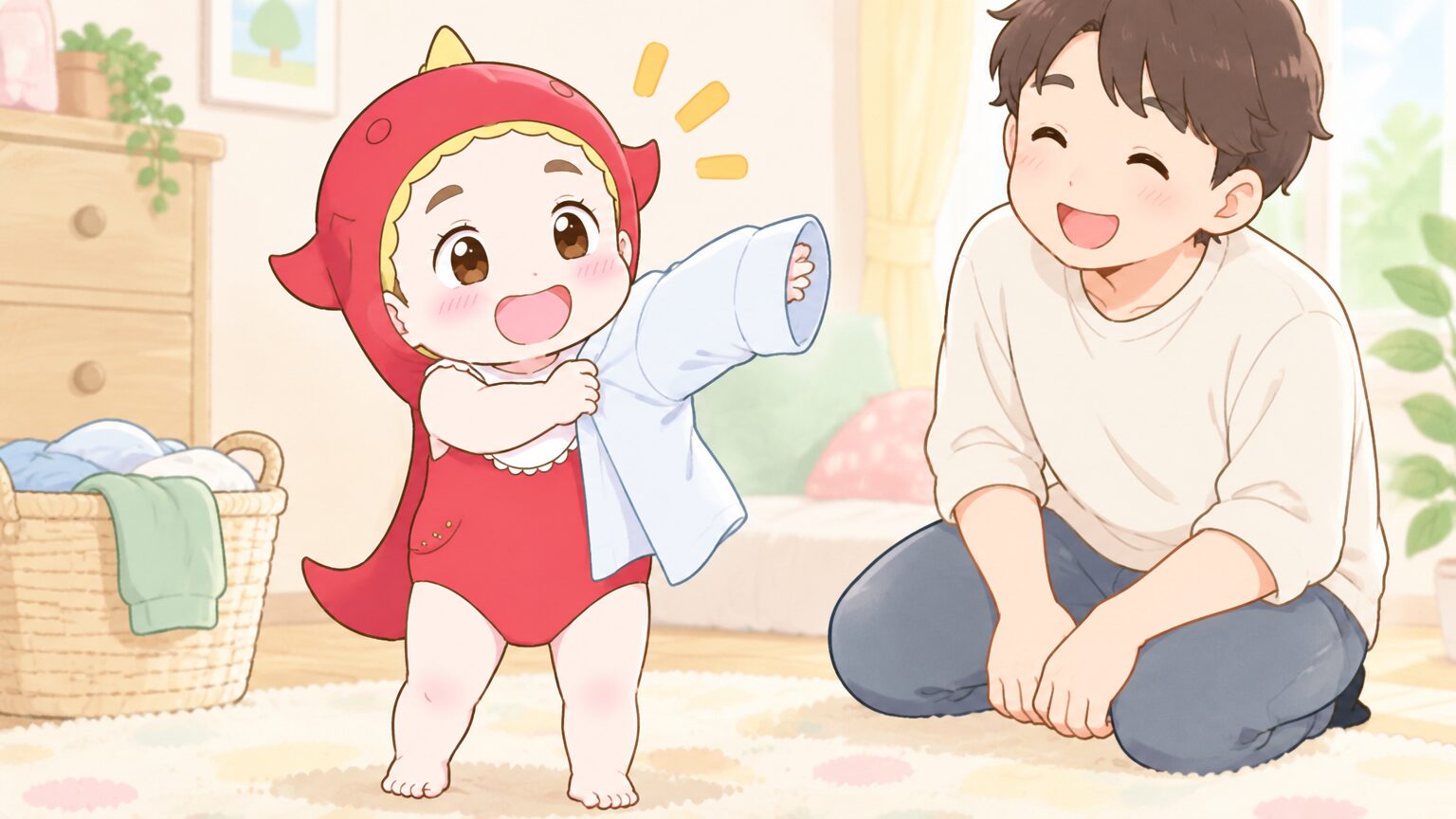 自分でシャツの袖に腕を通そうとして得意げな表情の2歳児と、見守る父親