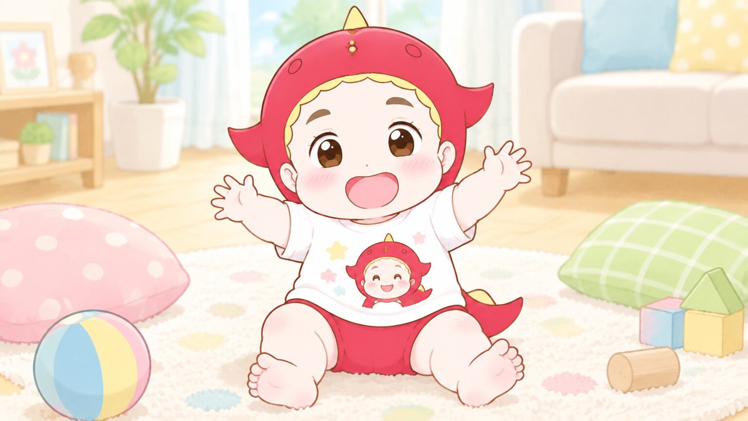 明るいリビングの床で、キャラクターのTシャツを着た1歳くらいの赤ちゃんがお座りして笑っている様子