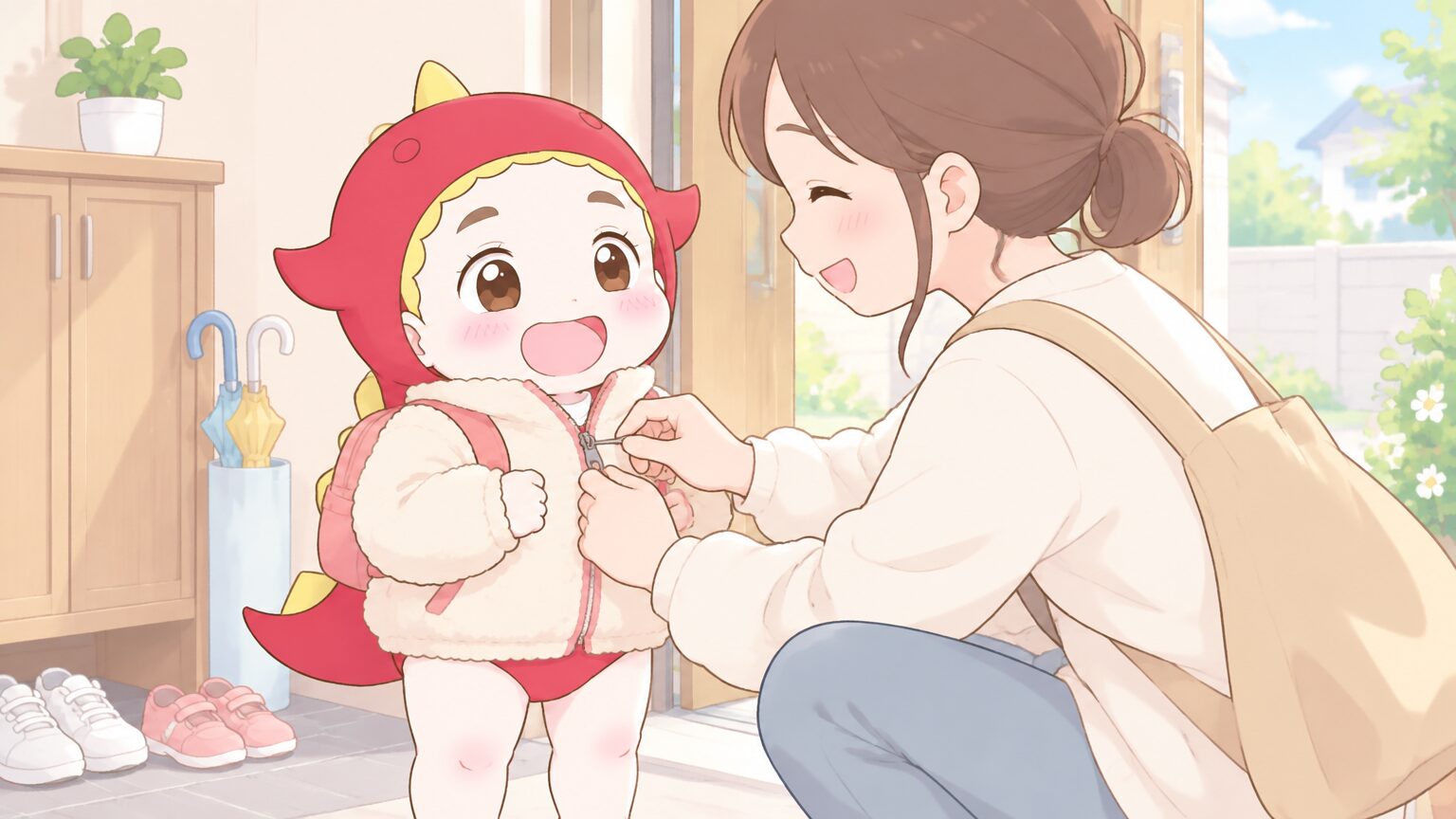 朝の玄関前で、保育園へ向かう前にママが2歳の子どものフリースの上着のファスナーを一緒に上げている場面