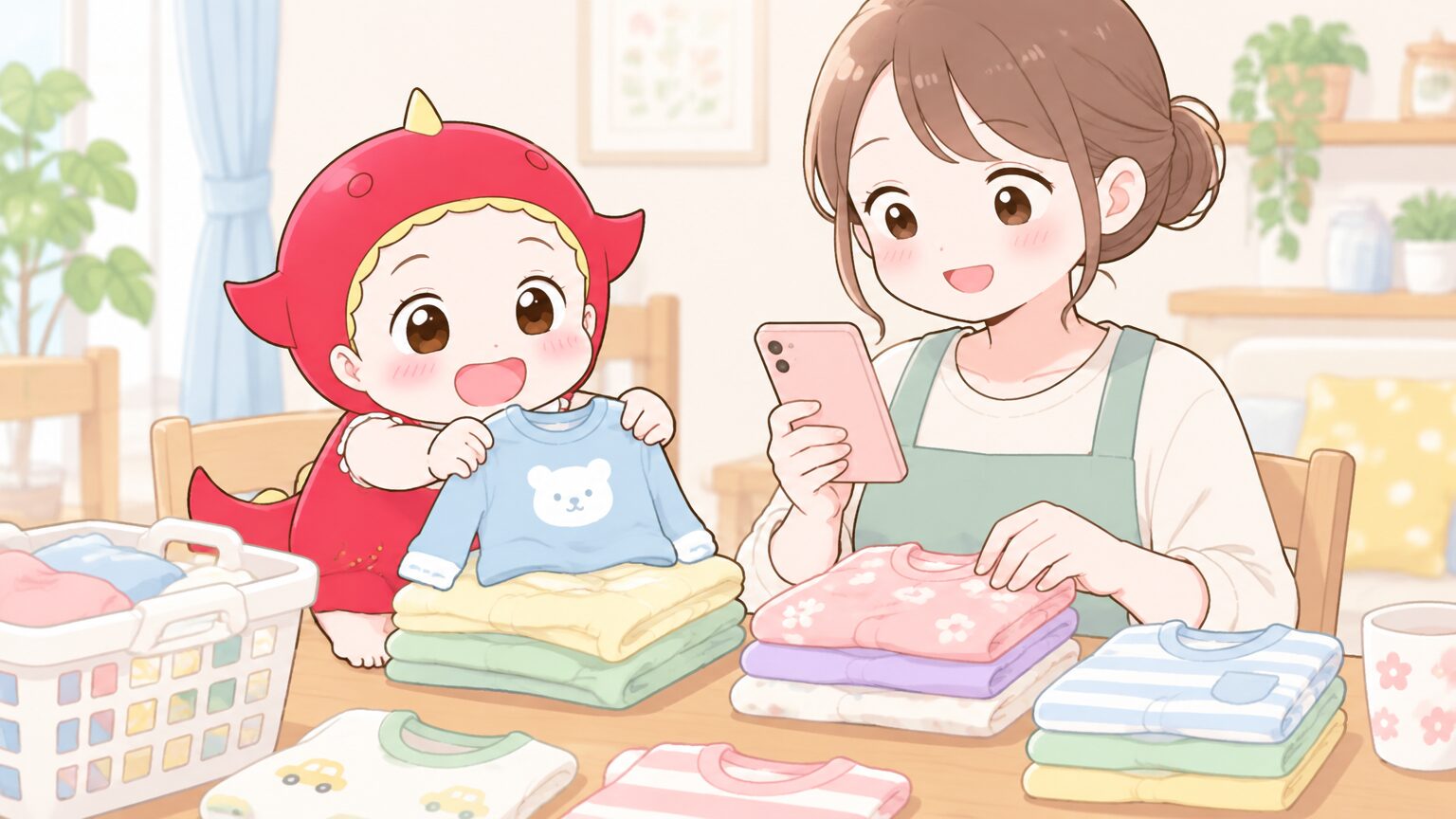 食卓の上に子ども服の洗濯物をたたんで積み、スマホの家計メモを見ながら整理するママの手元
