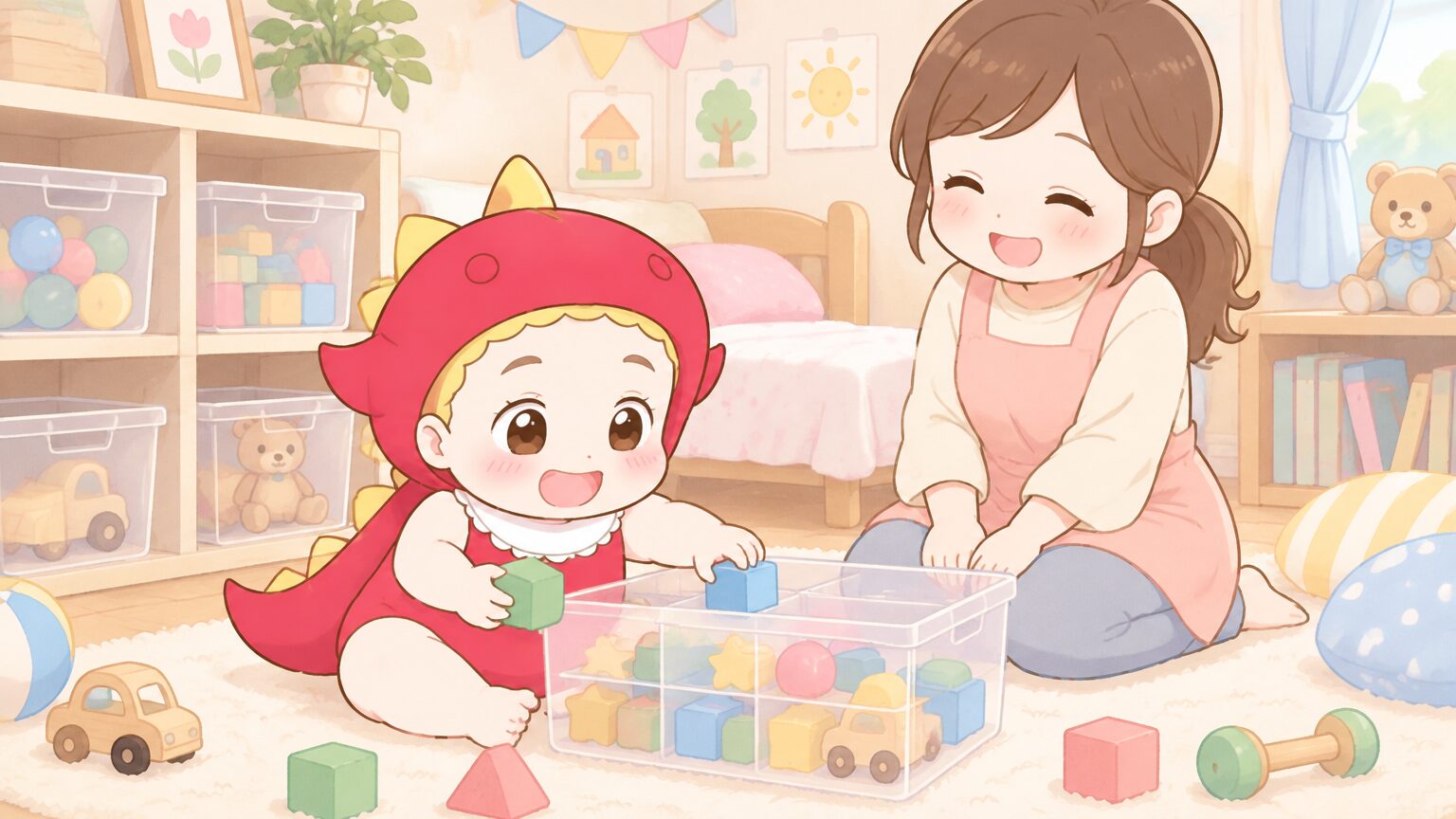 床に座った幼児が、おもちゃを透明な仕切りケースに戻している様子を、横で笑顔の親が見守る温かい雰囲気の子ども部屋