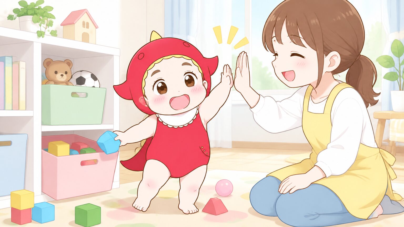 自分でおもちゃを箱に戻して、うれしそうに親にハイタッチを求める2歳くらいの子どもと、白い収納棚のある明るい部屋