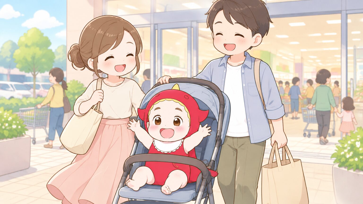 休日の大型スーパーの入口でベビーカーを押しながら笑顔で歩く若い夫婦と赤ちゃん
