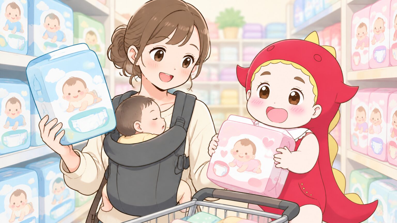 売場でおむつのパッケージを手に取り比べる母親と、抱っこ紐の中で眠る赤ちゃん