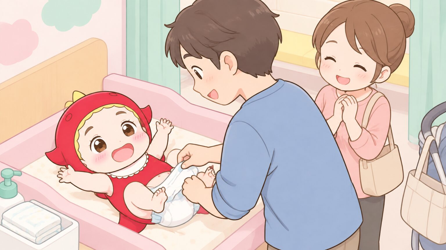 赤ちゃん休憩室のおむつ替えスペースで赤ちゃんの着替えをするパパと見守る母親