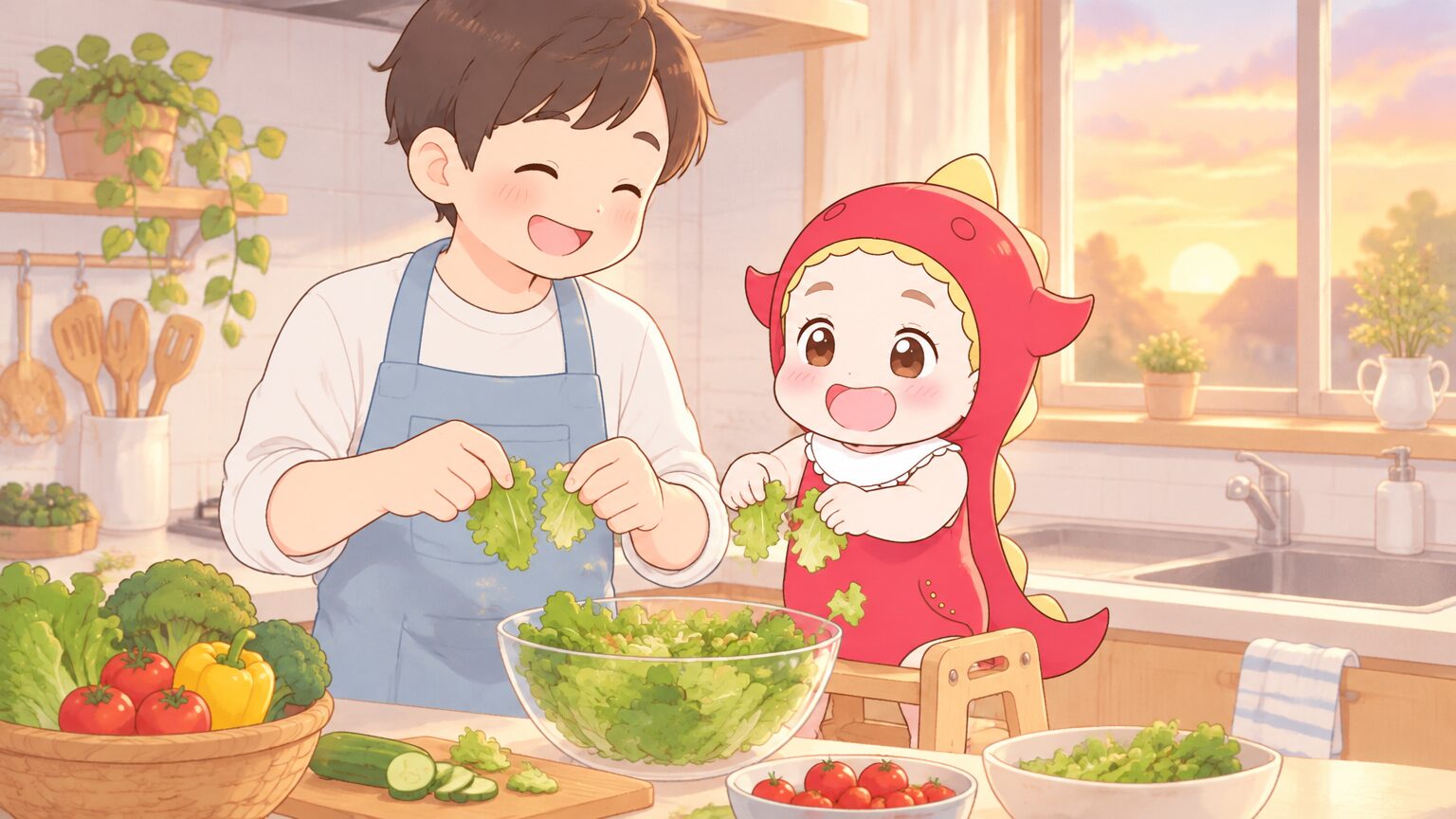 キッチンでエプロン姿の父親と2歳の男の子が並び、子ども用の踏み台に乗って野菜をちぎる微笑ましい夕方の場面