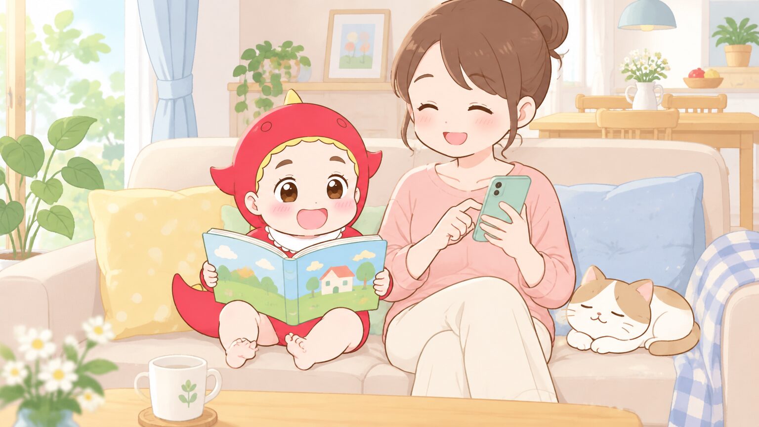 リビングのソファで3歳の女の子が絵本を読み、母親が隣でスマートフォンから食材の注文をしているゆったりした昼下がり