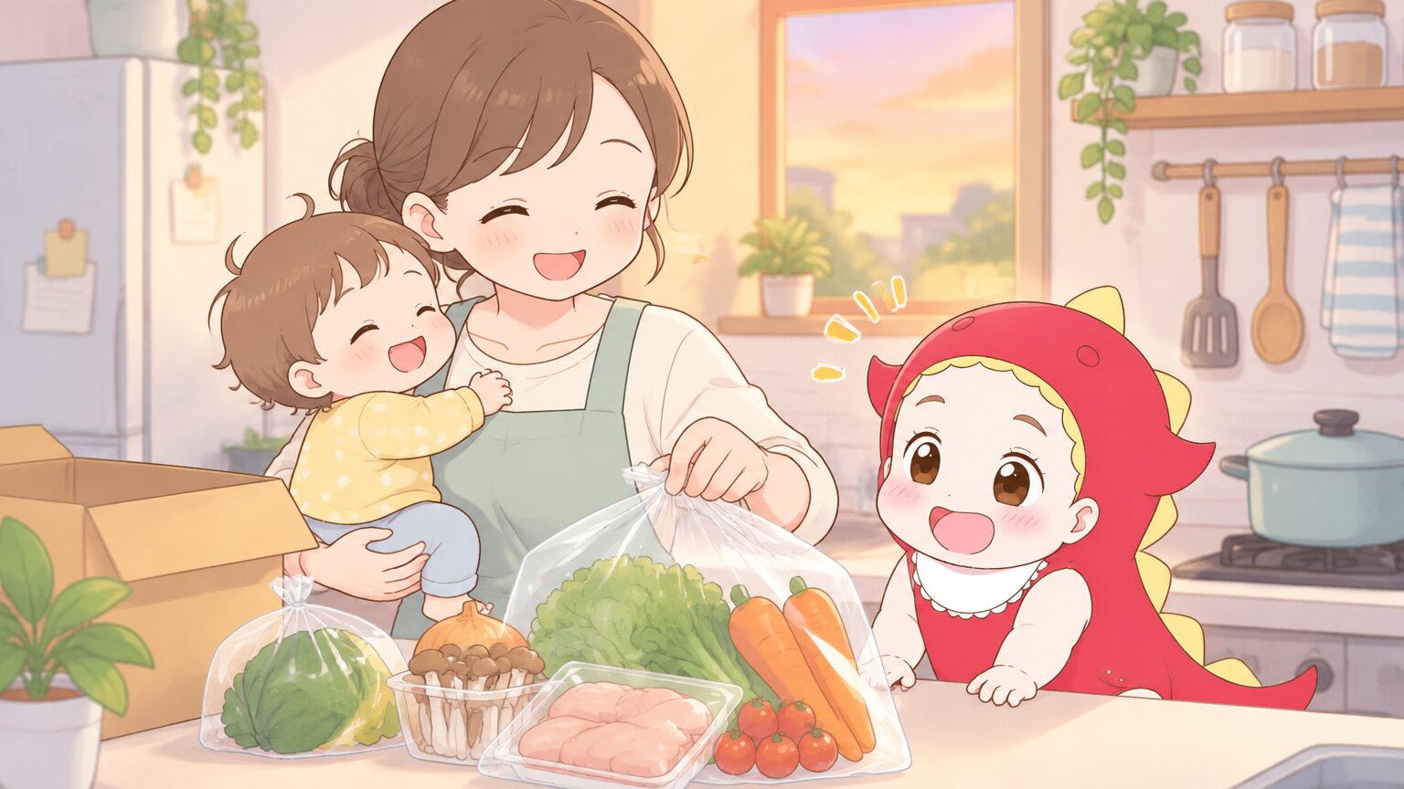 夕方のキッチンで、1歳くらいの子どもを片手で抱っこしながら、もう片方の手で届いた食材セットの袋を開ける母親の様子