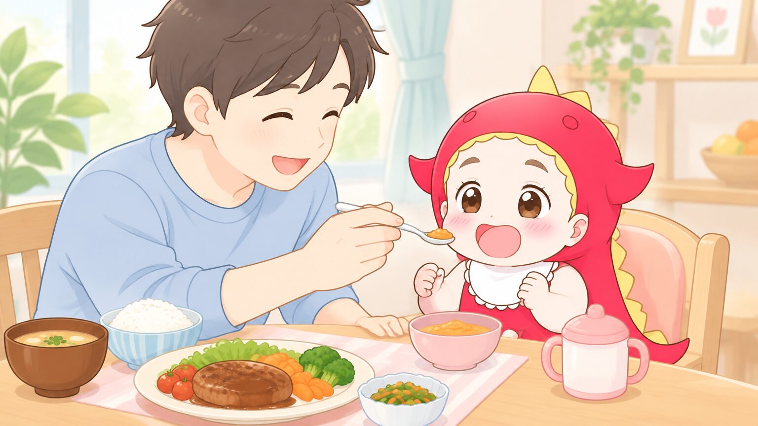 ダイニングテーブルで、離乳食の小さな器と大人用の皿を並べ、ハイチェアに座った赤ちゃんに笑顔でスプーンを運ぶ父親