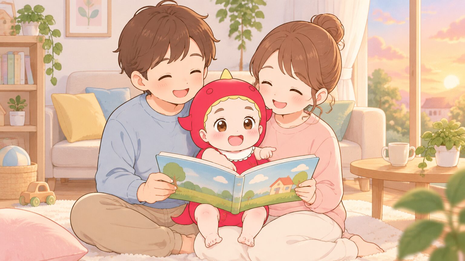 夕食後のリビングで、2歳くらいの子どもを膝に乗せて絵本を読む両親と、穏やかな夕方の光