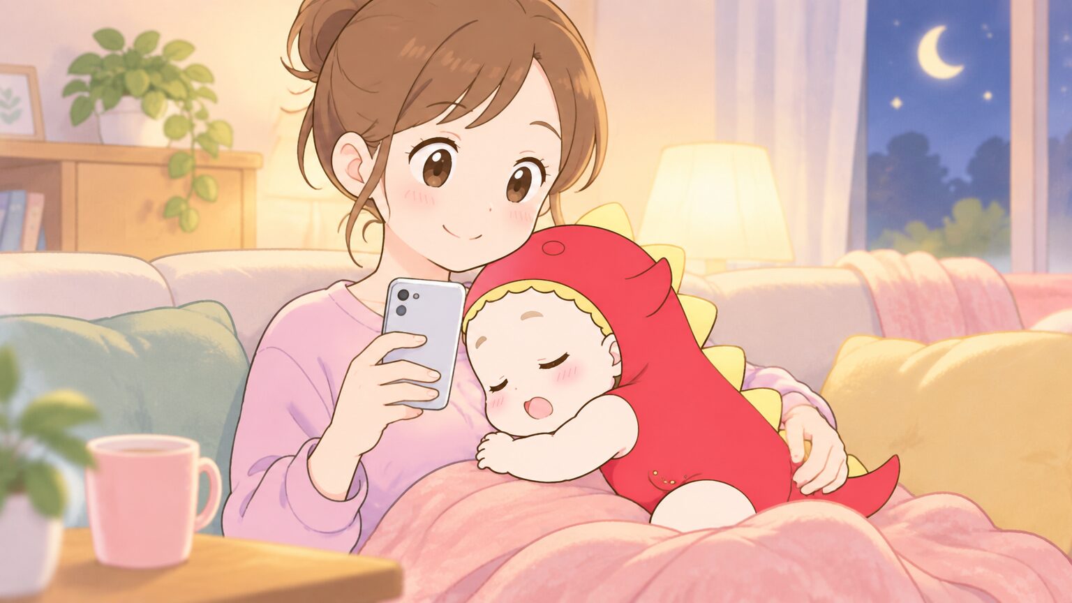 夜のリビングでスマートフォンを見ながら、膝の上で眠る赤ちゃんを抱くお母さんの様子