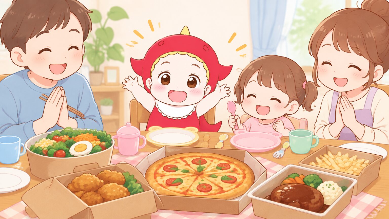 ダイニングテーブルの上に並んだ家族分のデリバリー料理と、子ども用の小さな取り皿やスプーン