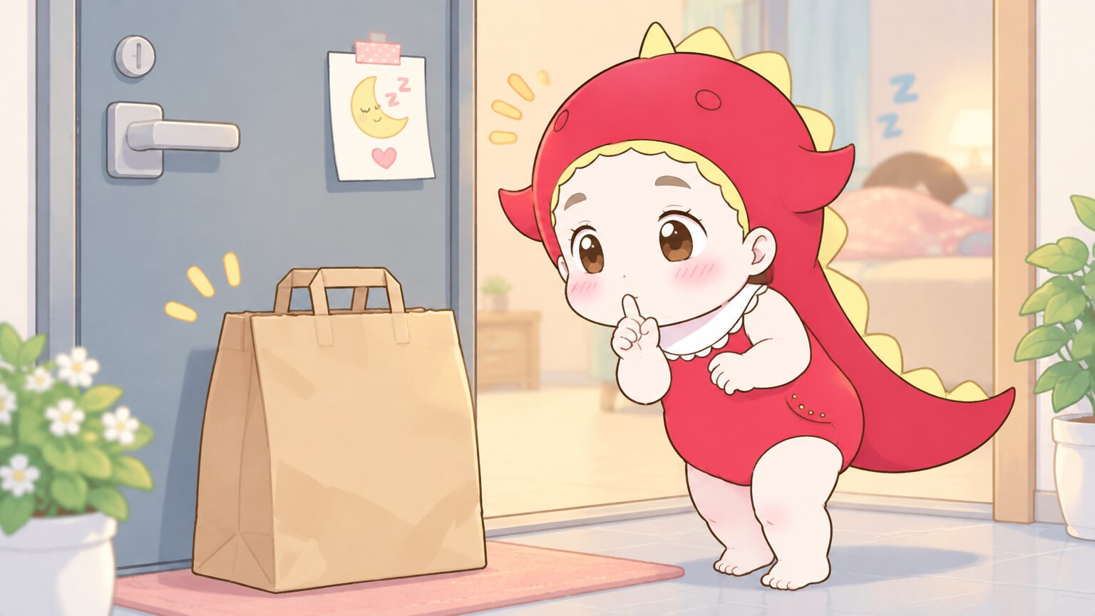玄関先に置かれたデリバリーの紙袋と、ドアの横に貼られた「起こさないでね」の小さなメモ