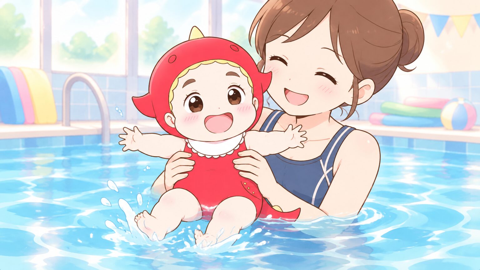 明るいプールで、ママに抱かれた生後8か月ほどの赤ちゃんが水面に足をつけて笑っている様子