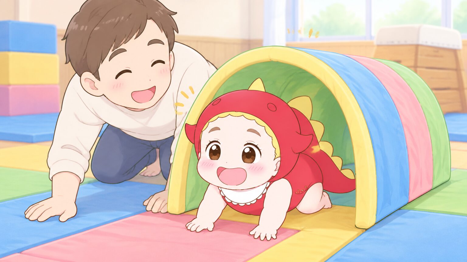 体育館のカラフルなマットの上で、1歳の子どもがパパと一緒にトンネルをくぐって遊んでいる様子