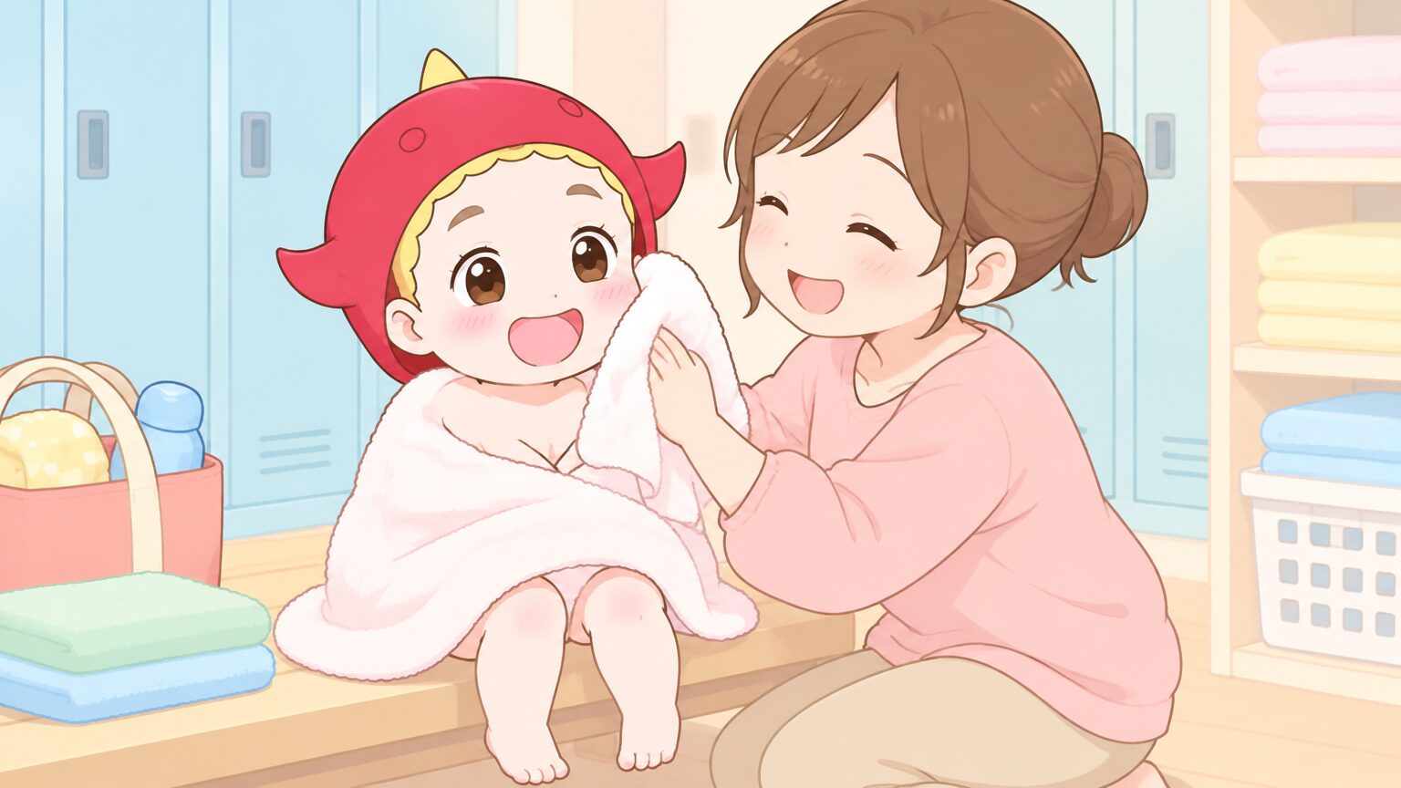 レッスン帰りの更衣室で、バスタオルにくるまった2歳の子どもをママが笑顔で拭いている様子