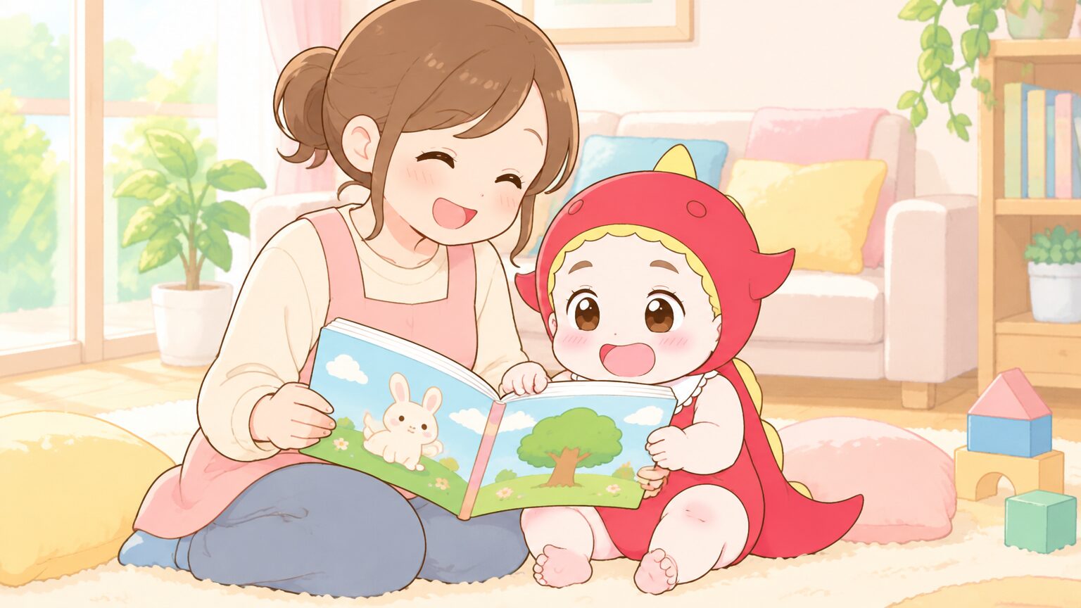 明るいリビングで床に座り、英語の絵本を開いて赤ちゃんに読み聞かせをする母親の様子