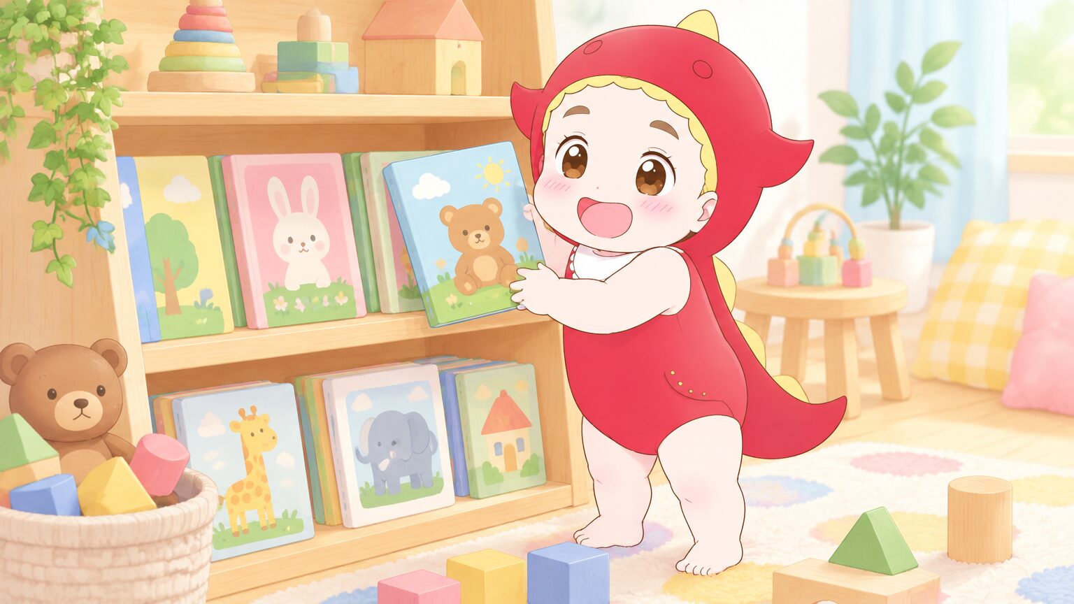 木のおもちゃと英語の絵本が並ぶ棚の前で、1歳の子どもが笑顔で絵本を手に取っている様子
