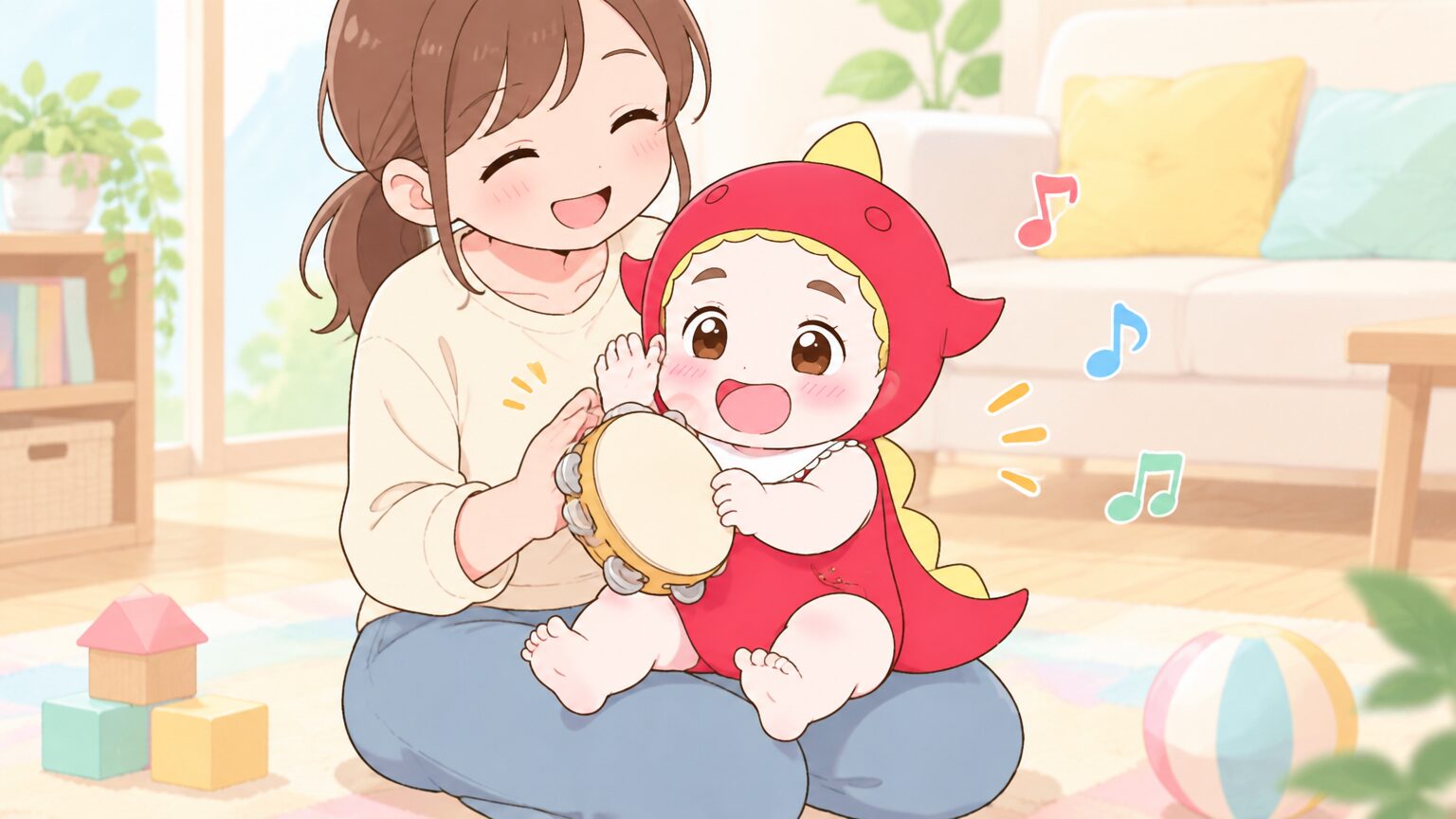 リビングの床で、1歳くらいの赤ちゃんがお母さんの膝の上でタンバリンを楽しそうに鳴らしている様子