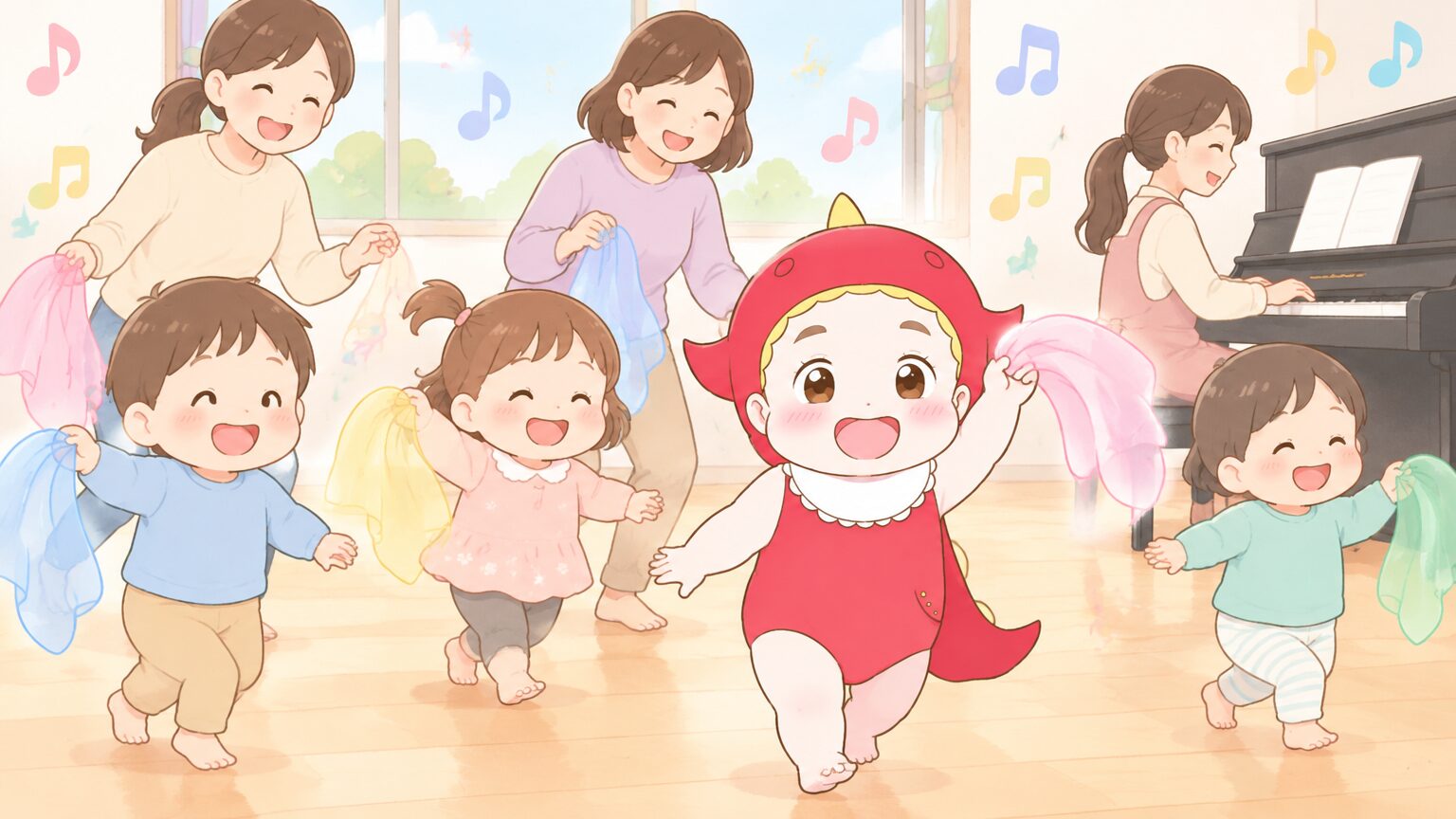 先生のピアノ演奏に合わせて、カラフルなスカーフを振って歩く2歳児たちと付き添う保護者のレッスン風景