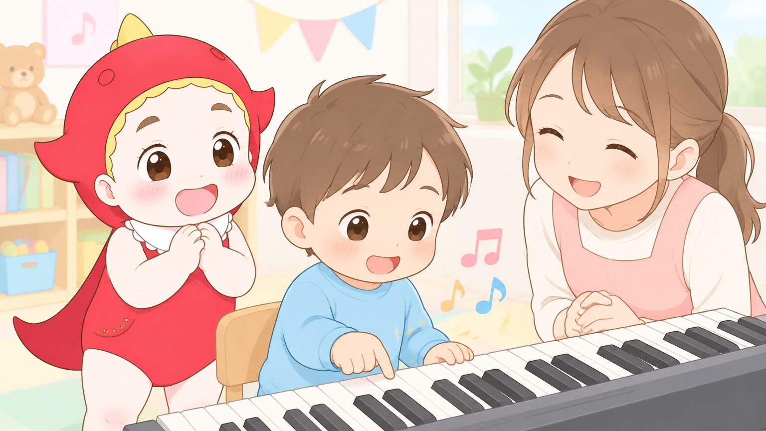 3歳くらいの男の子が、キーボードの鍵盤を人差し指でそっと押して音を鳴らし、先生が笑顔で見守る教室の様子