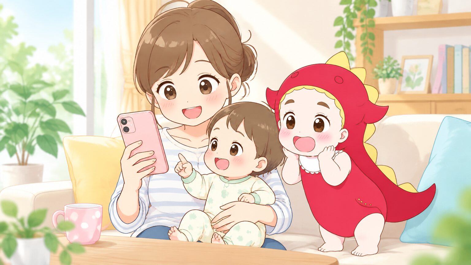 明るいリビングで、1歳の赤ちゃんを抱きながらスマートフォンで預け先を調べているママの姿
