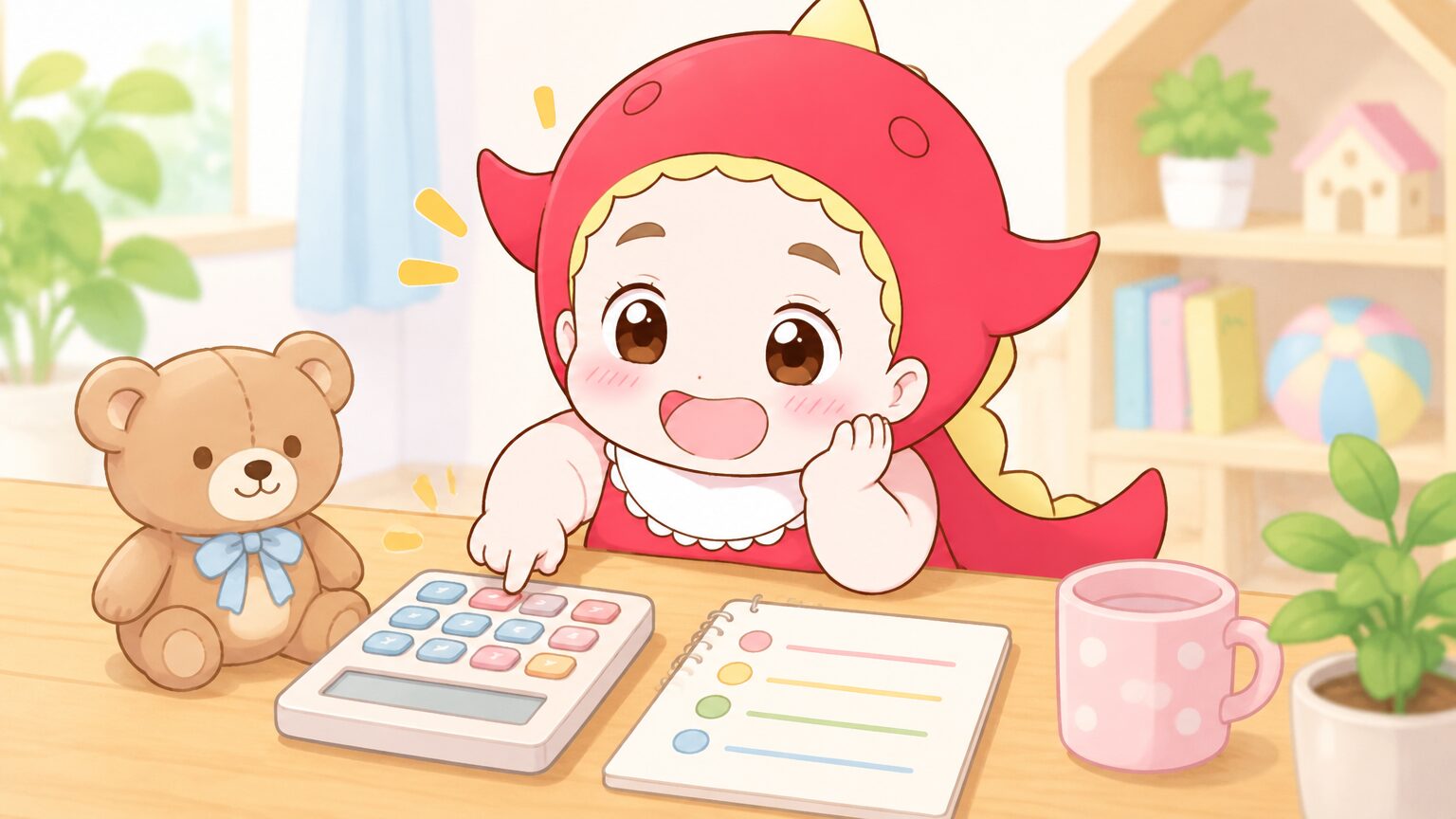 木のテーブルの上に電卓、料金表のメモ、小さなぬいぐるみが並んでいる家計管理のイメージ