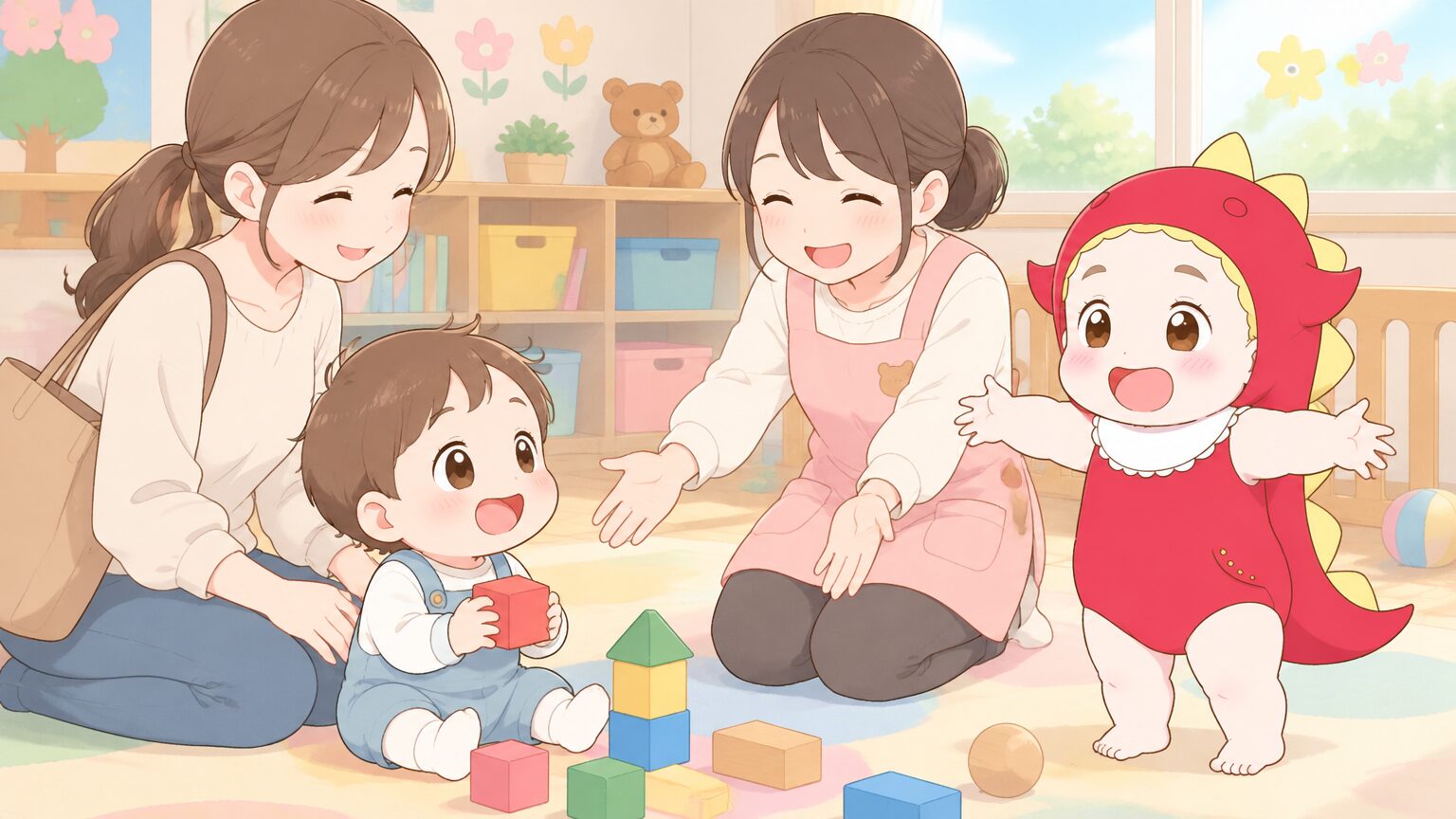 保育室で保育士さんに優しく迎えられ、ママのそばで積み木を触る1歳の男の子