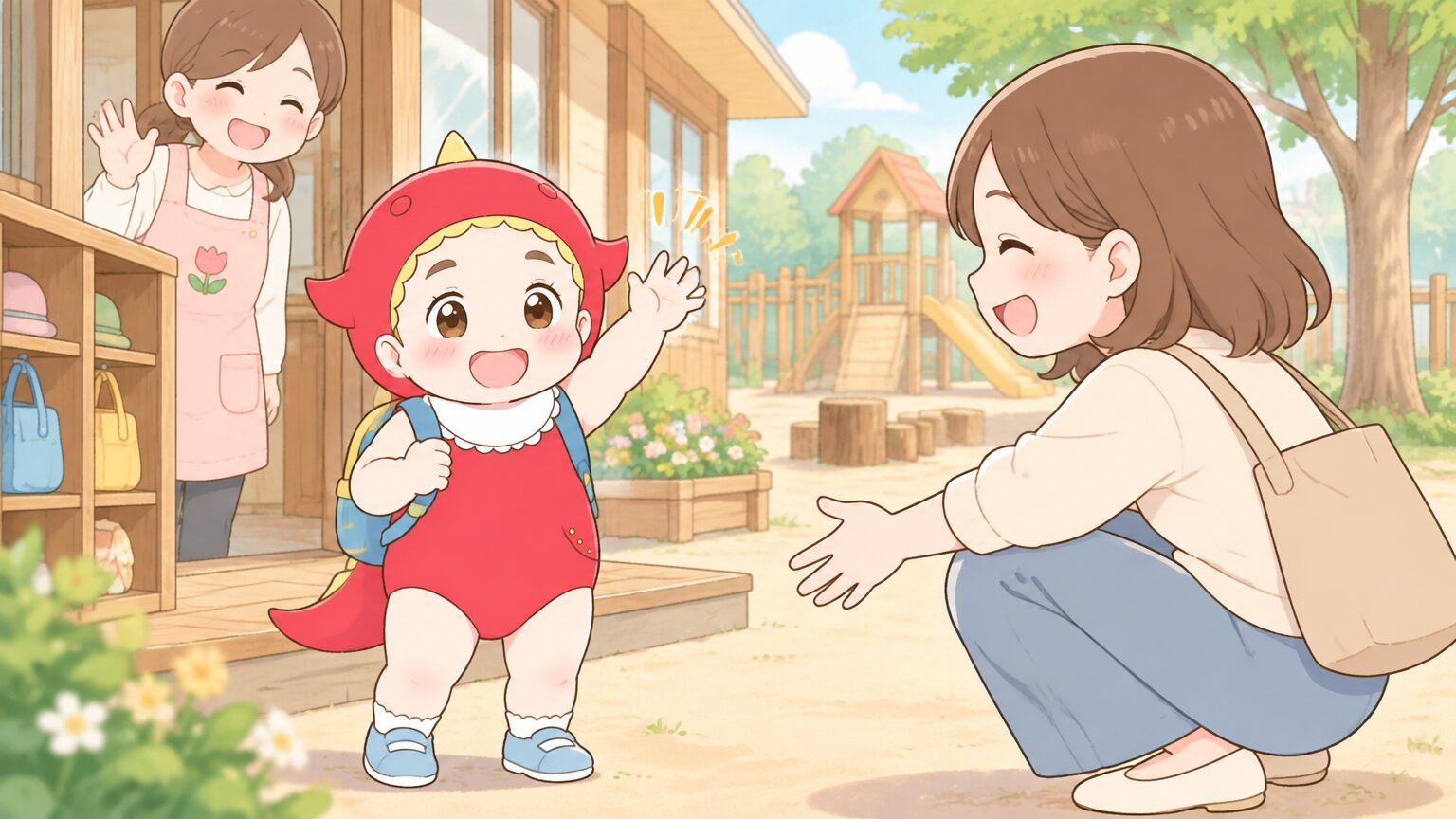 木のぬくもりがあるこども園の園庭で、帰りの支度をしながら先生に手を振る3歳くらいの男の子と、迎えに来て笑顔でしゃがむお母さん