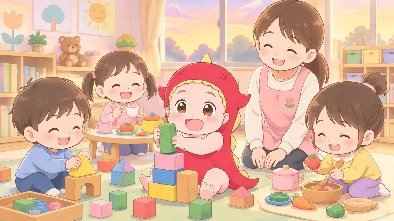 夕方のこども園の保育室で、積み木やおままごとを楽しむ3〜5歳の子どもたちと見守る保育教諭