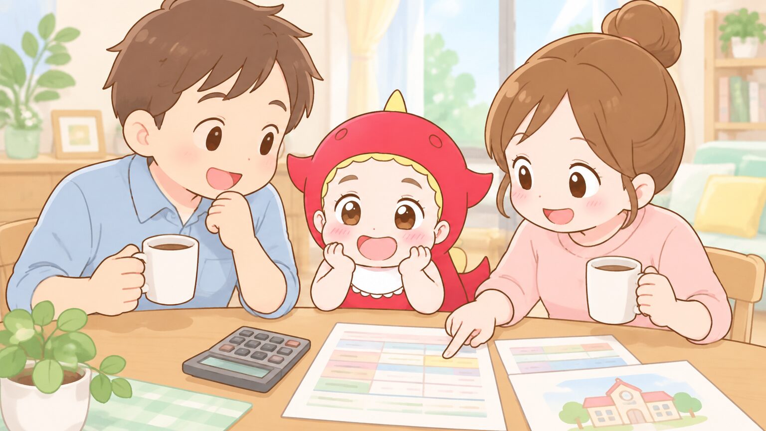 ダイニングテーブルで電卓と預かり保育の料金表を見比べながら、コーヒーを飲んで相談する共働きの夫婦