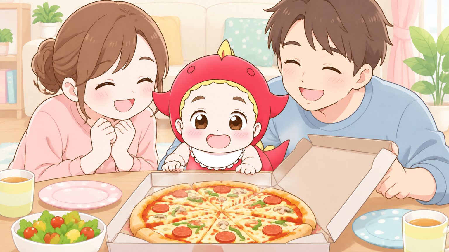 リビングのテーブルに宅配ピザの箱を広げ、笑顔でピザを見つめる1歳の子どもとパパ・ママ