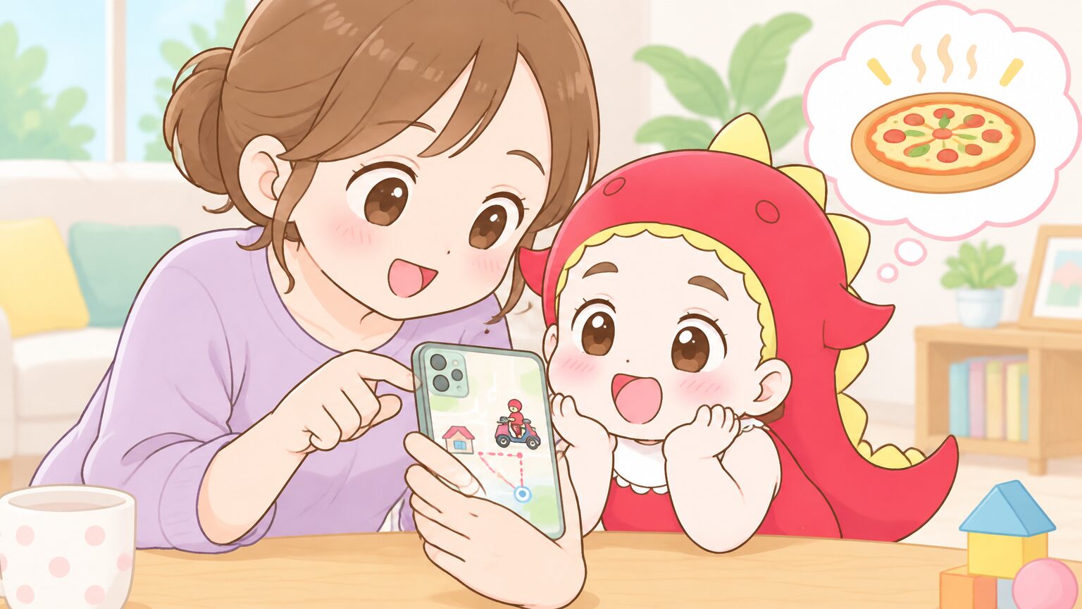 スマートフォンの配達マップを一緒にのぞき込む、ママと2歳の女の子